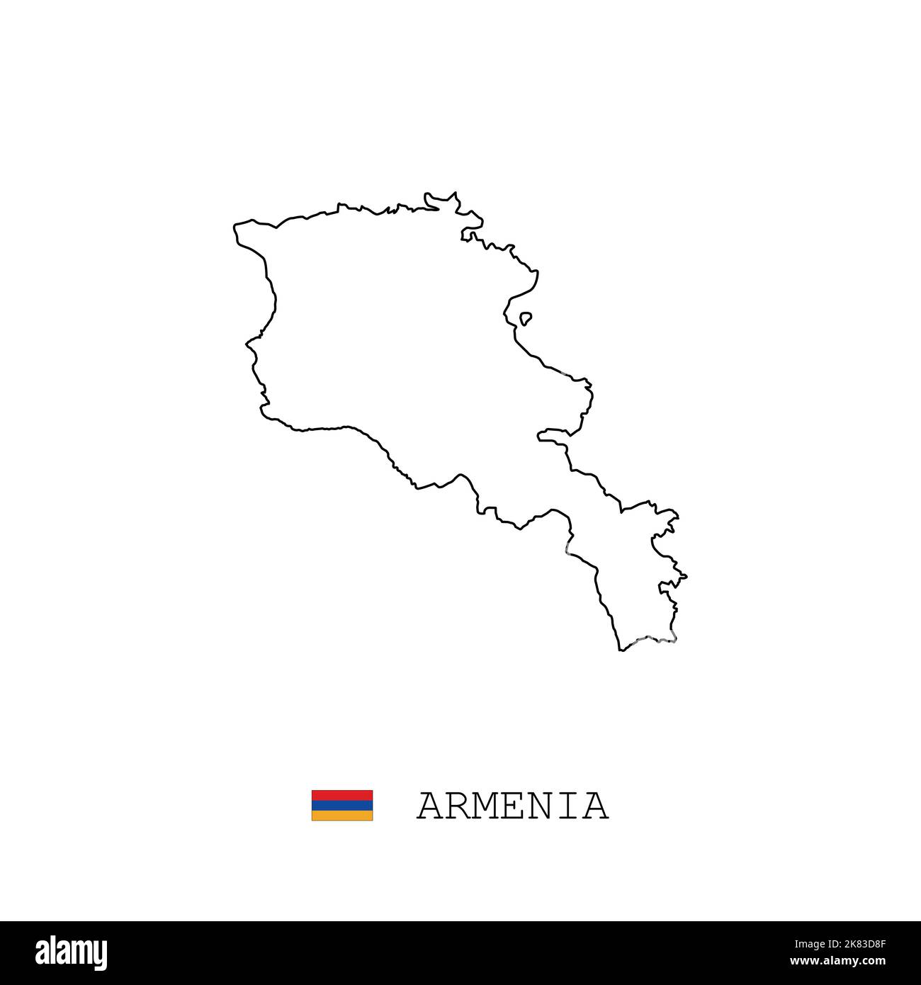 Mappa vettoriale Armenia contorno, linea, lineare. Armenia mappa nera su sfondo bianco. Bandiera dell'Armenia Illustrazione Vettoriale