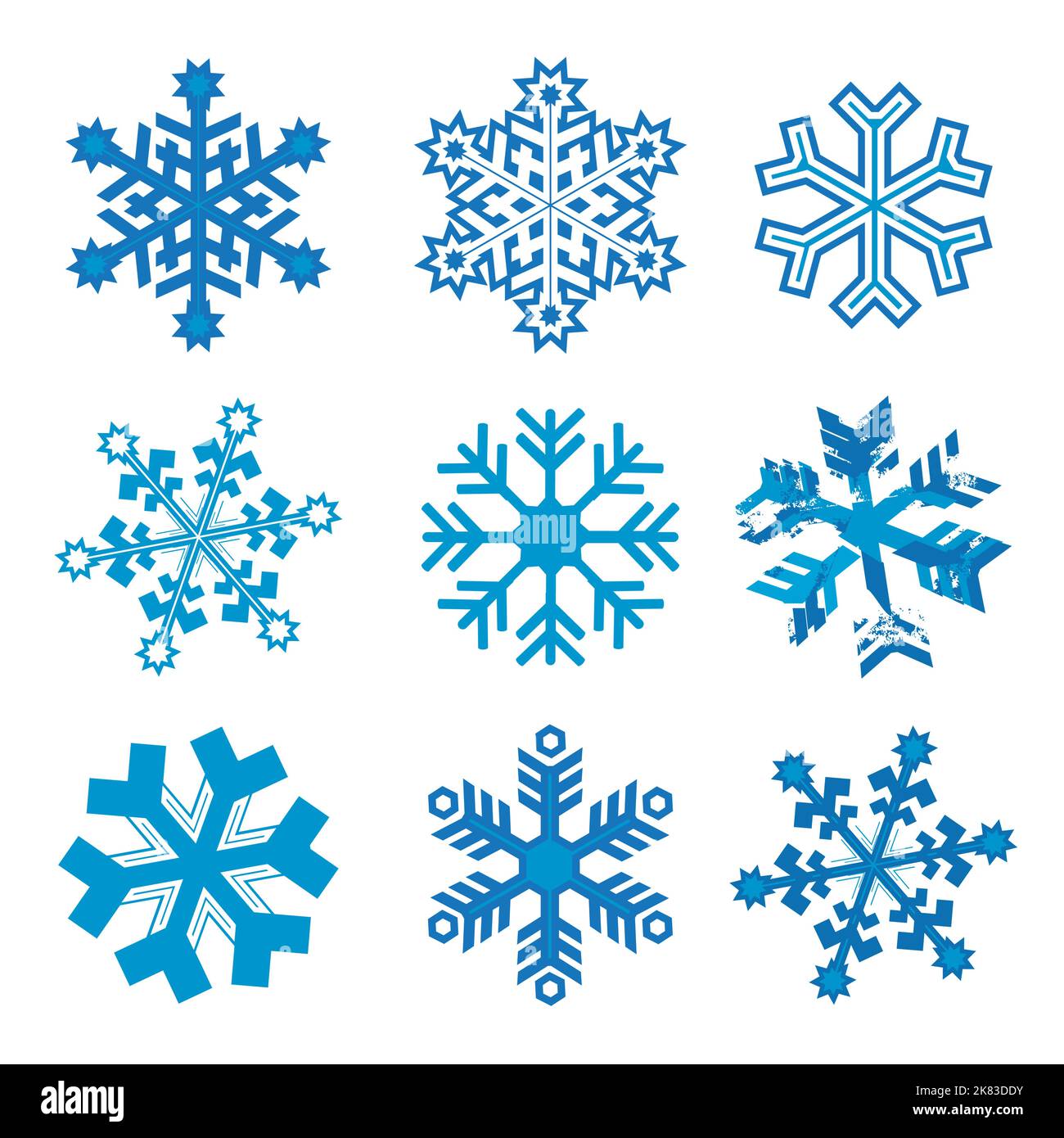 Fiocchi di neve, set di icone astratte. Illustrazione di nove cristalli di ghiaccio decorativi blu. Isolato su sfondo bianco. Vettore disponibile. Illustrazione Vettoriale