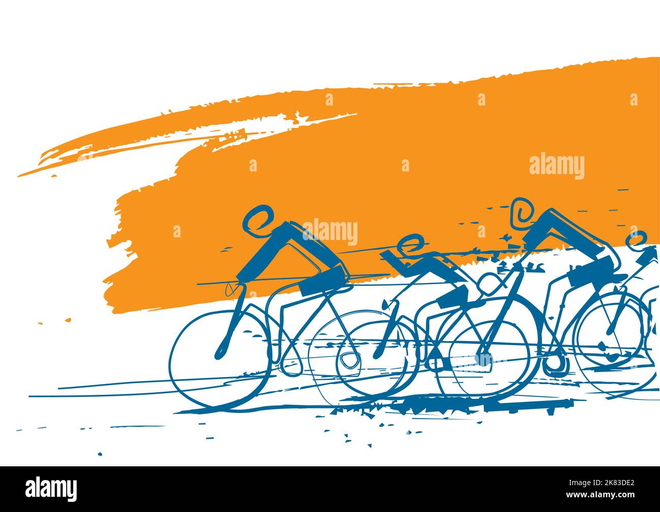 Gara ciclistica, line art, sfondo banner espressivo. Sfondo colorato con ciclisti sul tratto di pennello.modello banner. Disegno a linea continua. Illustrazione Vettoriale