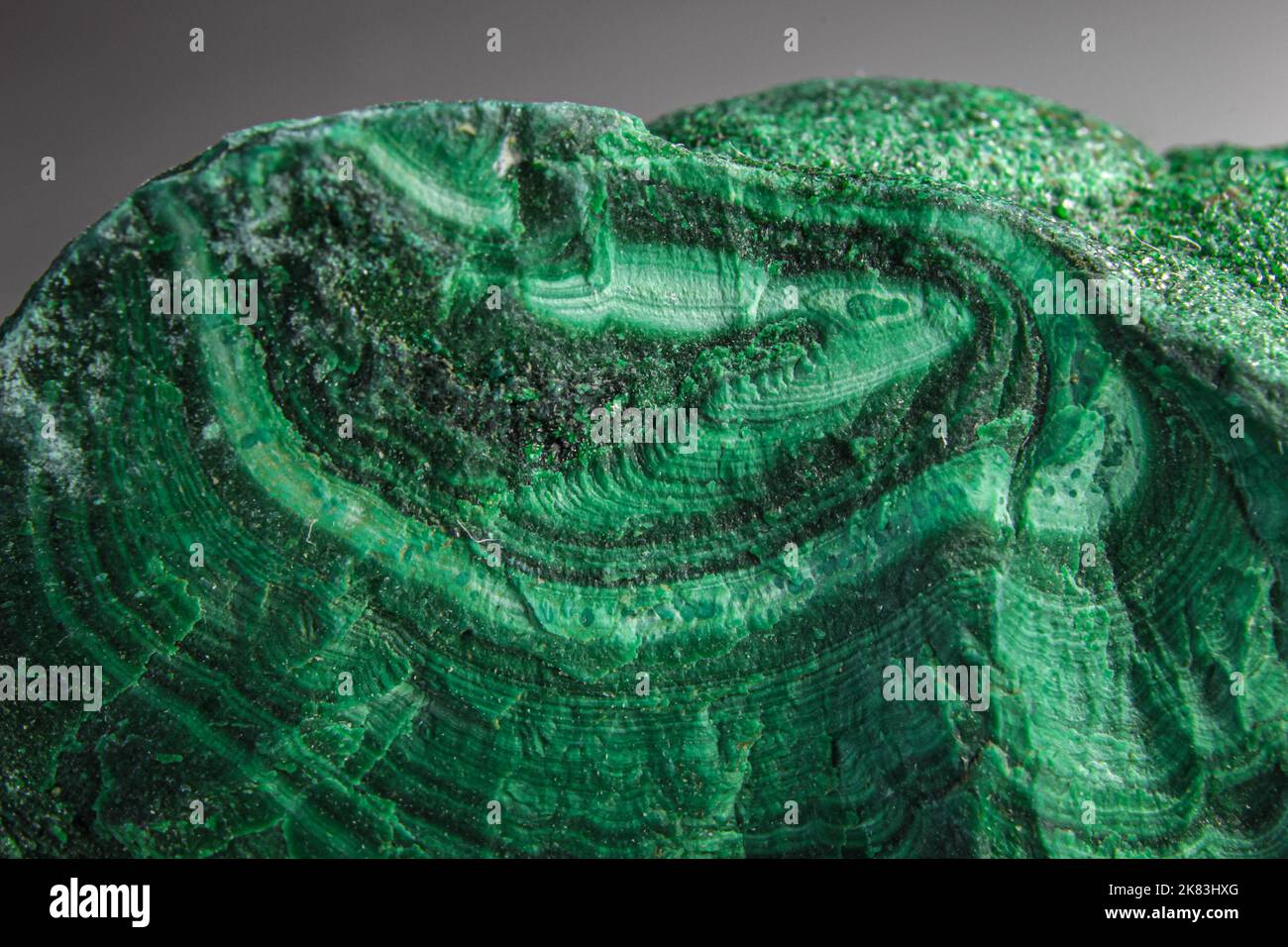 Pietra a pelo di malachite in cima alla superficie argentata. Pietra verde a forma casuale con onde e sfumature di colore verde. La malachite è un rame verde Foto Stock