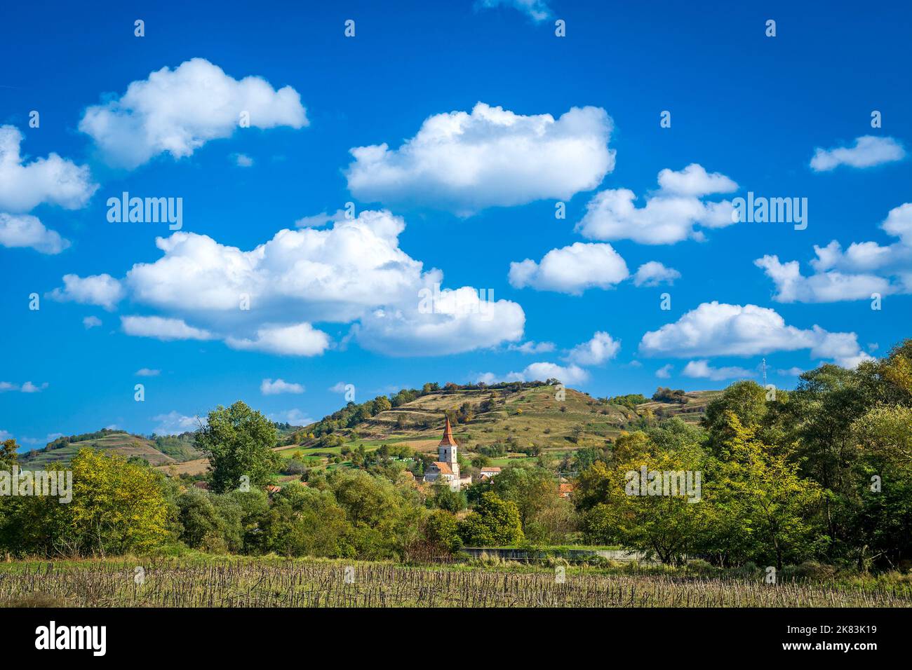 Villaggio in autunno, paesaggio in Transilvania, Romania su Via Transilvanica sentiero Foto Stock