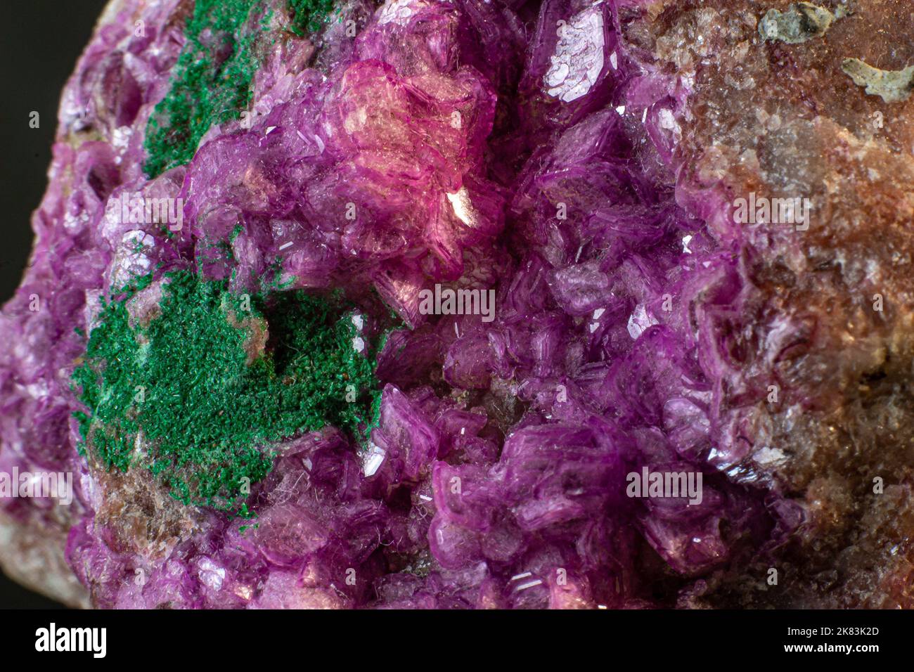 Calcite Cobalto con macro cristallo di malachite su una superficie nera Foto Stock