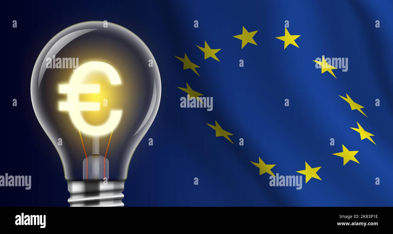 Lampadina con un brillante cartello Euro sullo sfondo di una bandiera UE. Elevato prezzo dell'elettricità concetto creativo illustrazione. Crisi energetica dell'Unione europea e bandiera del vettore politico. Illustrazione Vettoriale