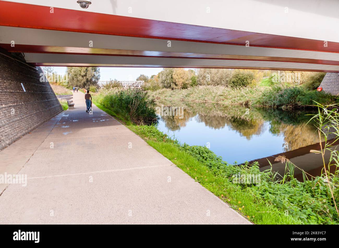 Fiume Lea e al Queen Elizabeth Olympic Park in autunno, Stratford, East London Foto Stock