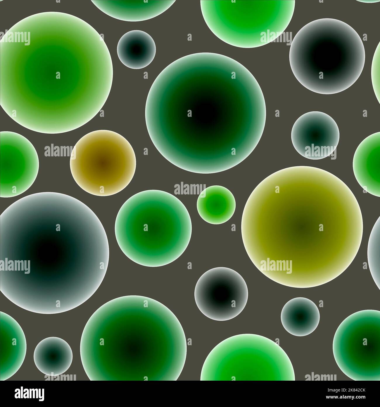 Modello astratto senza cuciture con coloratissime sfumature verdi palline diverse sul grigio.Illustrazione di sovrapposizione del modello di effetto volume per backgrou Foto Stock