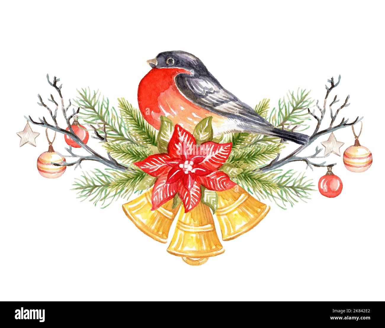 Composizione orizzontale floreale con un albero di Natale, campane e un paletto. Acquerello realistico disegno a mano isolato illustrazione. Sfondo bianco. F Foto Stock