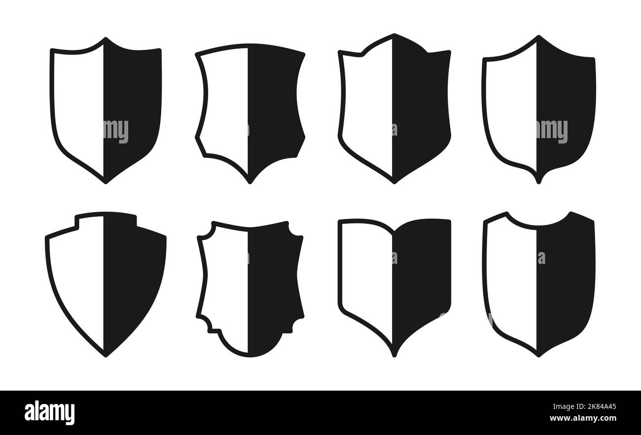 Set di icone piatte schermo. Forme diverse proteggono il segnale di sicurezza con un'ombra solida. Modello patch badge polizia. Premio araldico Cavaliere emblema militare d'epoca reale medievale. Simbolo di sicurezza per la protezione dai virus Illustrazione Vettoriale