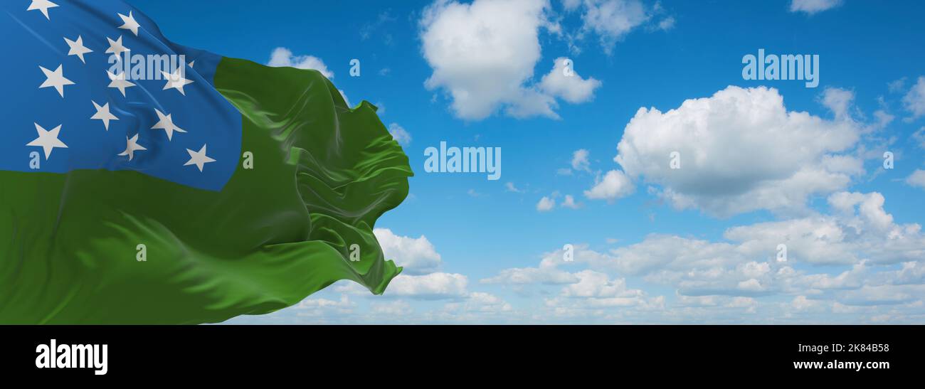 Bandiera della Repubblica del Vermont, America su sfondo cielo nuvoloso, vista panoramica. Bandiera che rappresenta il paese estinto, gruppo etnico o cultura, autore regionale Foto Stock