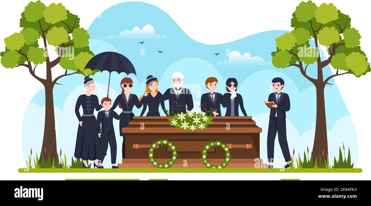 Cerimonia funebre nella tomba di persone tristi in vestiti neri in piedi e Wreath intorno bara in Cartoon piano disegnato a mano modello Illustrazione Illustrazione Vettoriale