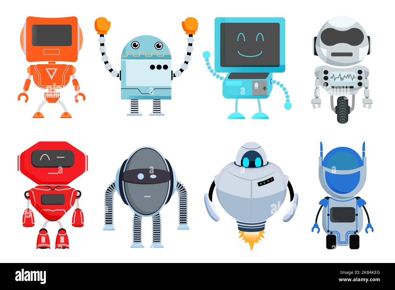 Set di vettori dei caratteri del robot. Personaggi robotici isolati su sfondo bianco con posa in piedi per il design retrò della collezione di robot. Illustrazione Vettoriale