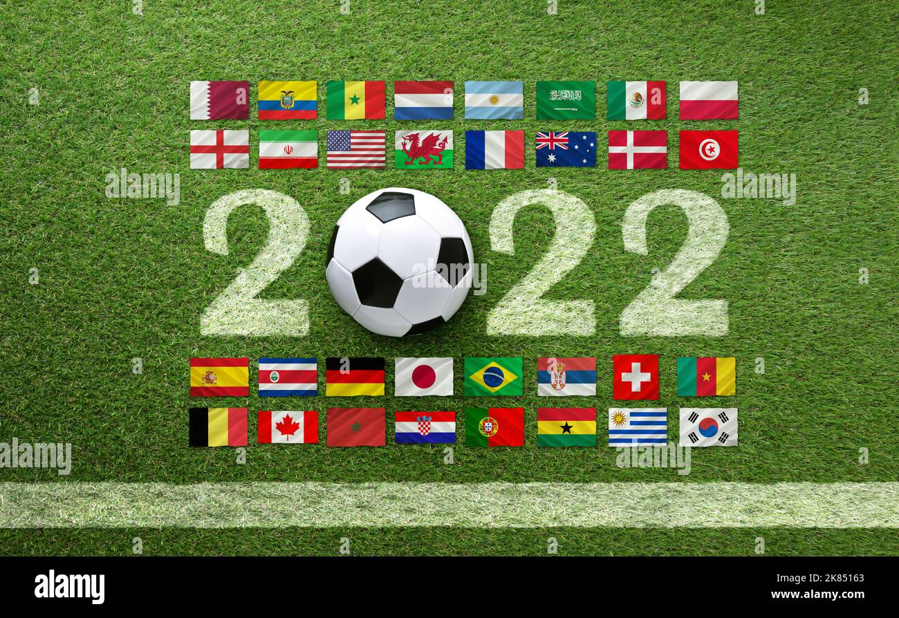 Sfondo con bandiere di paesi qualificati per il campionato del mondo di calcio in qatar 2022 su erba Foto Stock