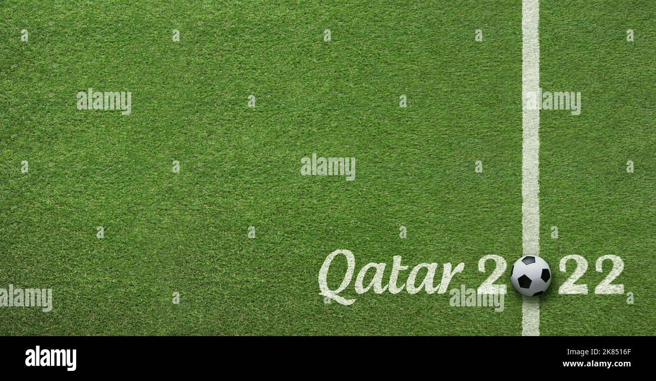 Campo di calcio erba vista dall'alto sfondo annuncio del torneo di calcio mondiale in Qatar 2022 Foto Stock
