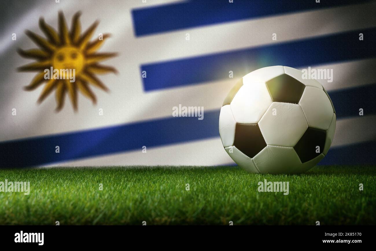 Composizione nazionale della squadra Uruguay con palla classica su erba e bandiera sullo sfondo. Vista frontale. Foto Stock