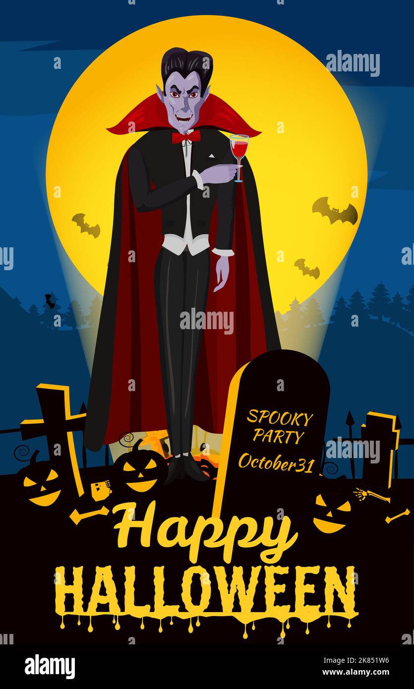 Happy Halloween Dracula sul cimitero, croci, tombe, zucche spaventose, luna, notte, silhouette di pipistrelli volanti. Stile cartoon illustrazione vettoriale Illustrazione Vettoriale