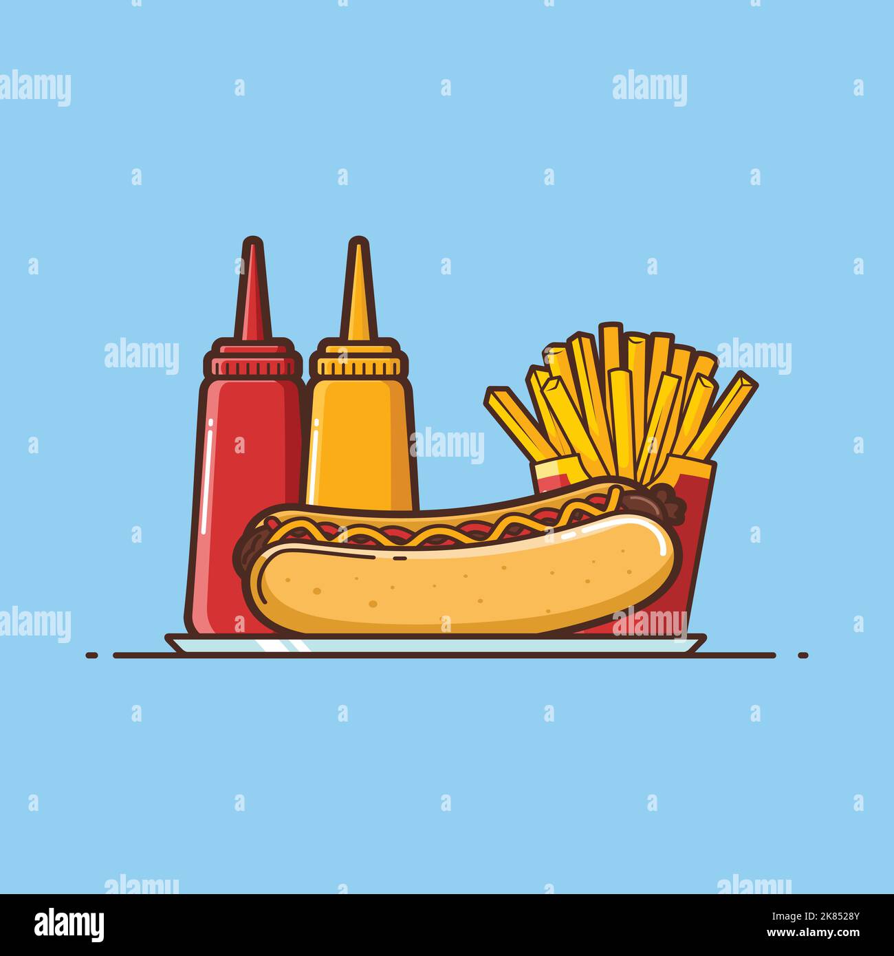 Pranzo, Hot Dog & French Fries con salsa e maionese, Cartoon Vector Illustration - Fast Food Illustration - Junk food Doodle Illustration Illustrazione Vettoriale