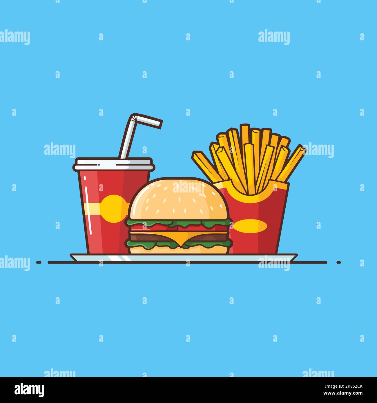 Pranzo - Un hamburger e patatine fritte con una tazza di bevanda analcolica - illustrazione vettoriale del cartone animato - fast food, cibo spazzatura, illustrazione di pranzo Illustrazione Vettoriale