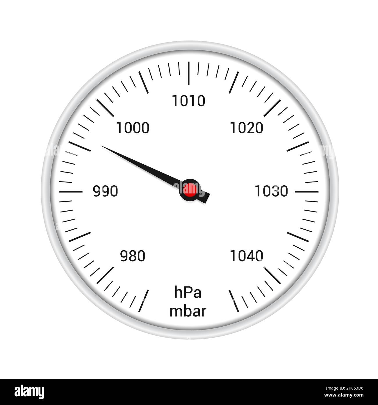 Rappresentazione realistica di un barometro rotondo con una cornice circolare in plastica bianca. Freccia per la misurazione della pressione e scala con numeri - vettore Illustrazione Vettoriale