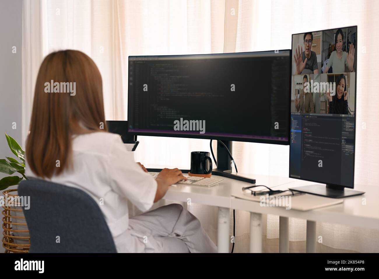 Vista posteriore di una donna che ha una videoconferenza e lavora con dati codificati sullo schermo del computer Foto Stock