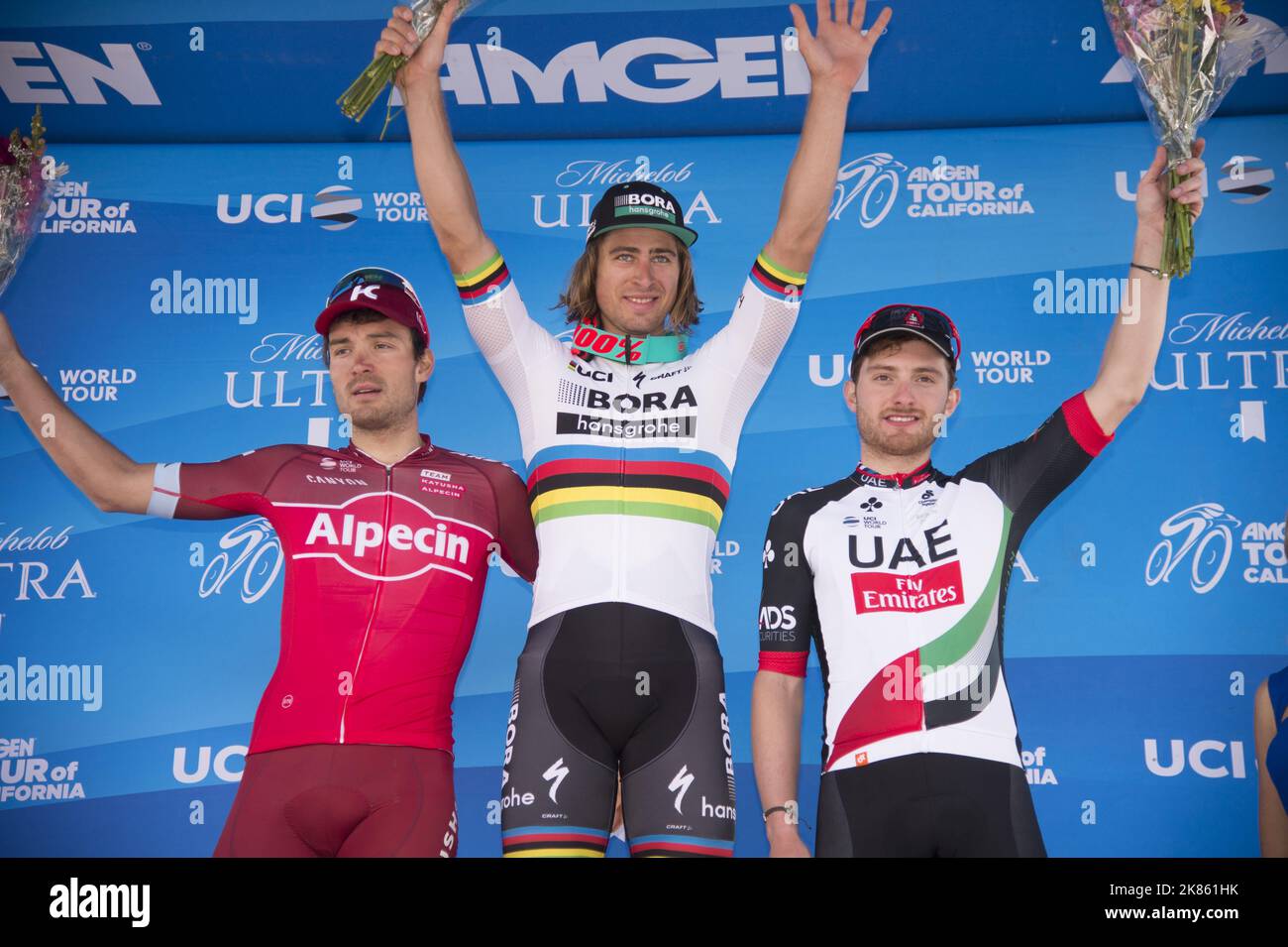 Tappa 3 podio di Peter Sagan, Rick Zabel e Simone Consonni. Foto Stock