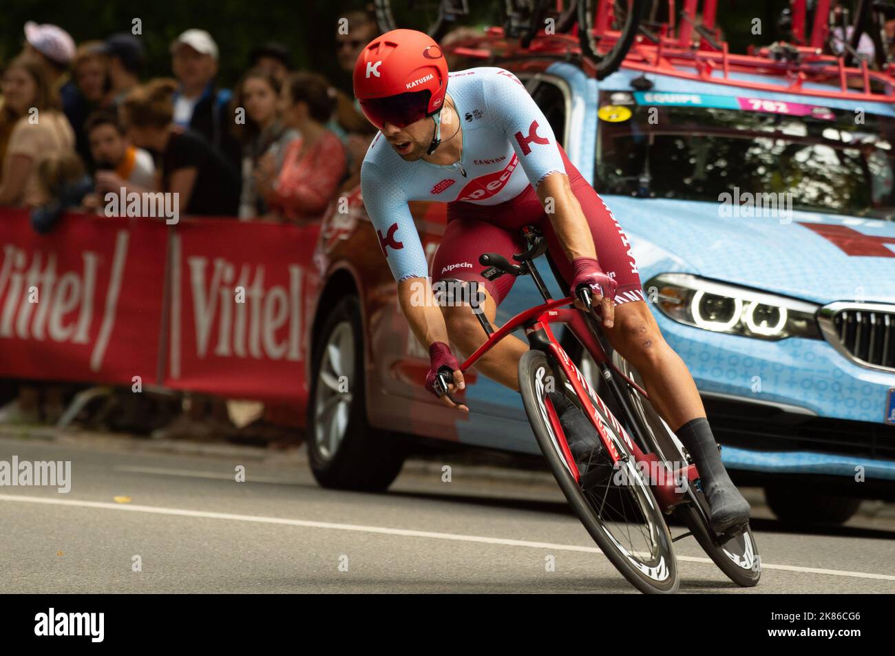 Katusha Alpecin - Ilnur Zakarin, Jens Debusschere, Alex Dowset, Jose Goncalves, Marco Haller, Nils Politt, Mads Wurtz, Rick Zabel durante il Tour de France 2019 Stage 2 - Team Time Trial a Bruxelles domenica 7 luglio 2019. Foto Stock