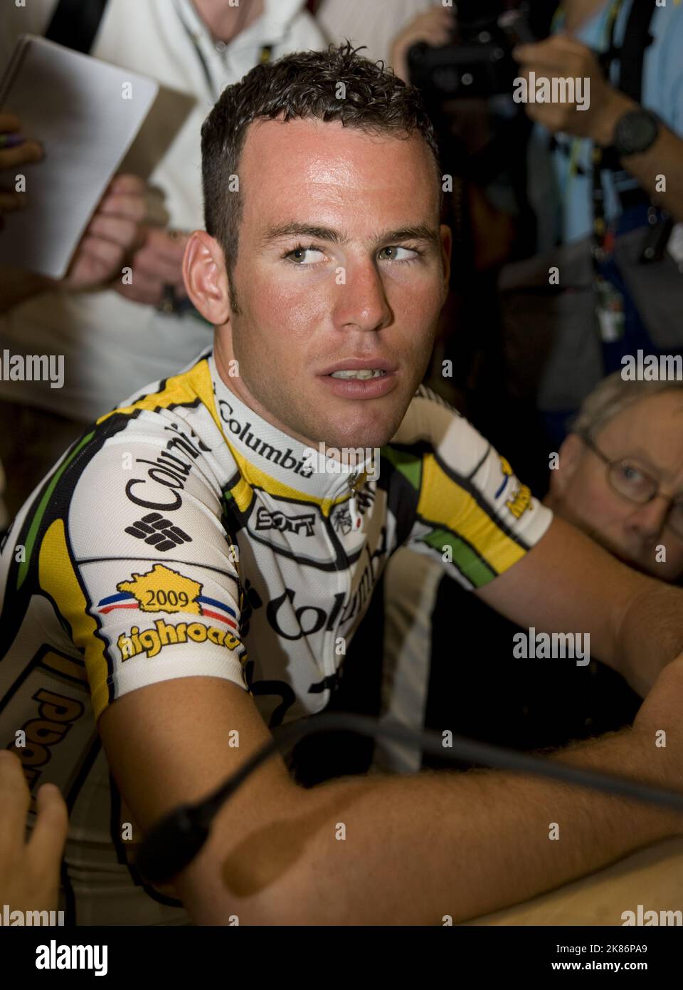 Mark Cavendish del Team Columbia in Gran Bretagna durante la conferenza stampa Foto Stock