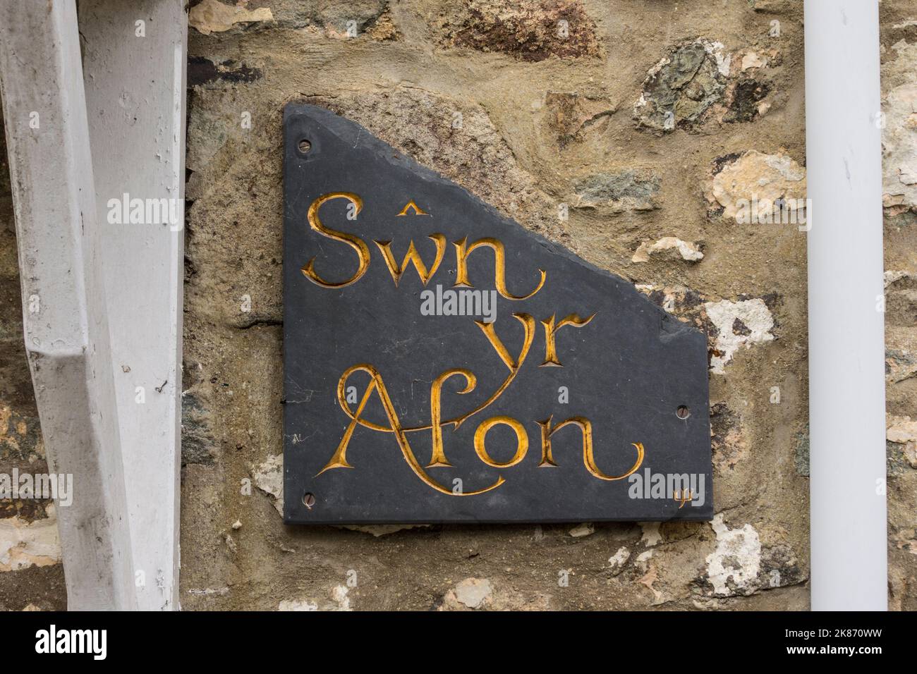 Targa nome Afon Cottage SWn Yr, Solva, Pembrokeshire, Galles Foto Stock