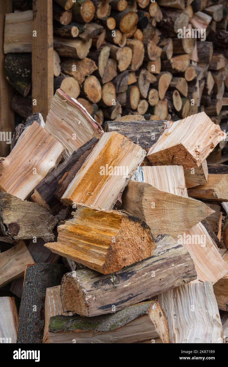 Tronchi d'albero tagliati e tagliati in un mucchio pronto per essere posato. Foto Stock