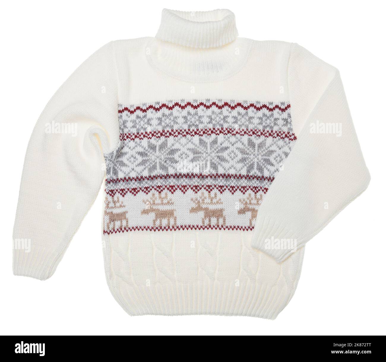 Maglione bianco per bambini con dolcevita natalizio caldo (noto anche come maglione Ugly) con ornamento nordico lavorato a maglia su sfondo bianco Foto Stock