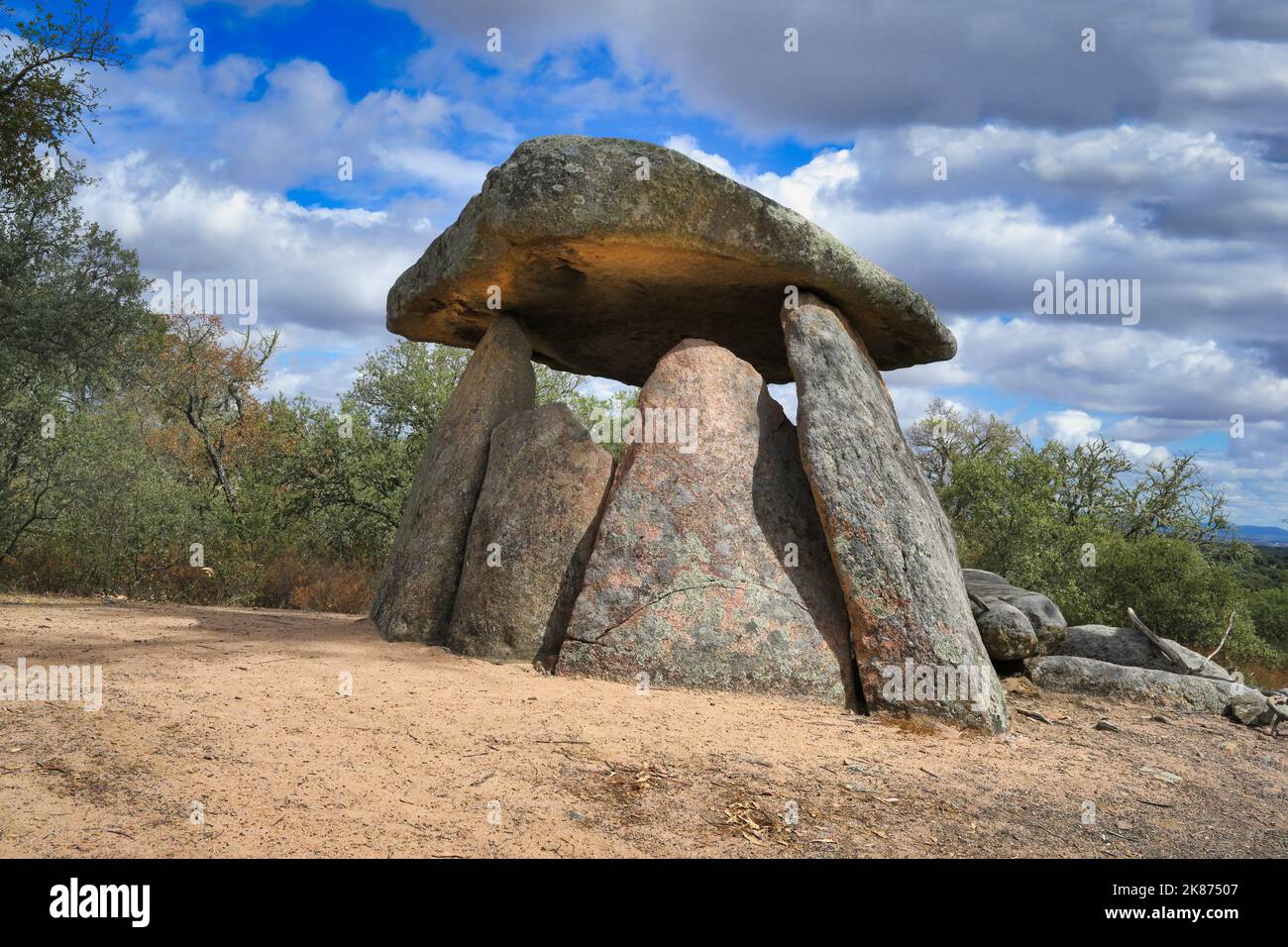 dolmen megalitico, Barbacena, Elvas, Alentejo, Portogallo, Europa Foto Stock