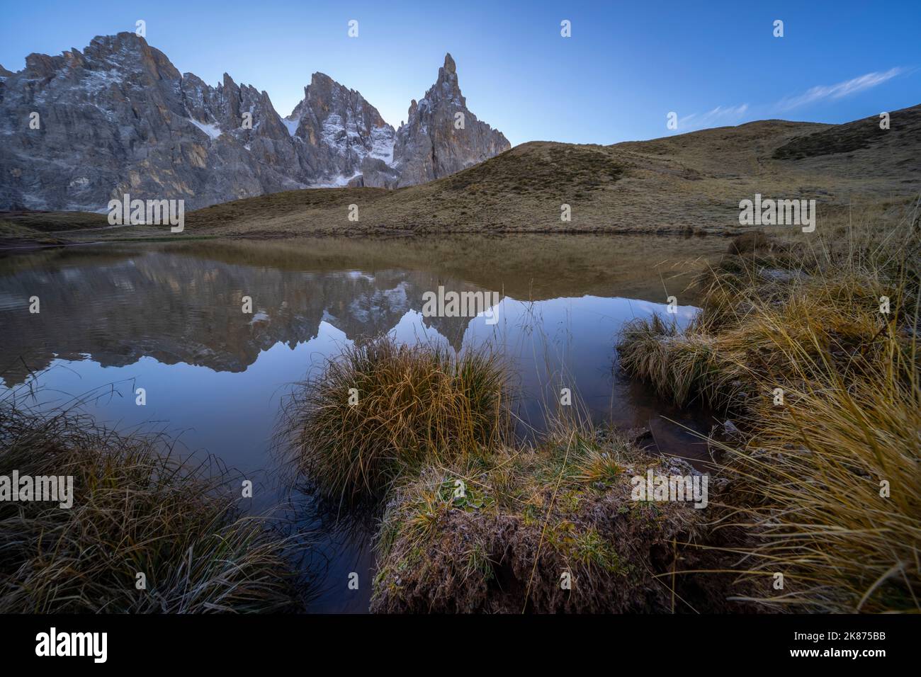Cimon della pala riflesso in un lago, Passo Rolle, Dolomiti, Trentino, Italia, Europa Foto Stock