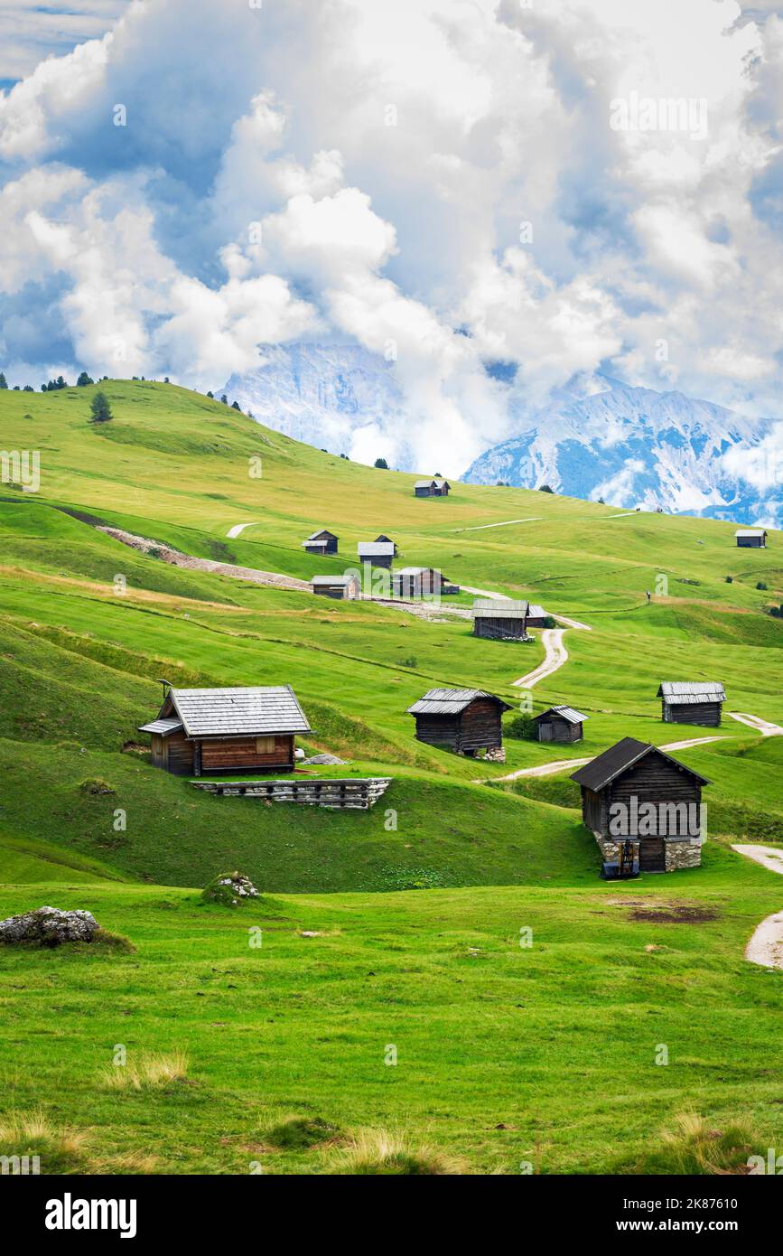 Tipici rifugi lignei su campi verdi, Sass de Putia, Dolomiti, Passo delle Erbe, Alto Adige, Italia, Europa Foto Stock
