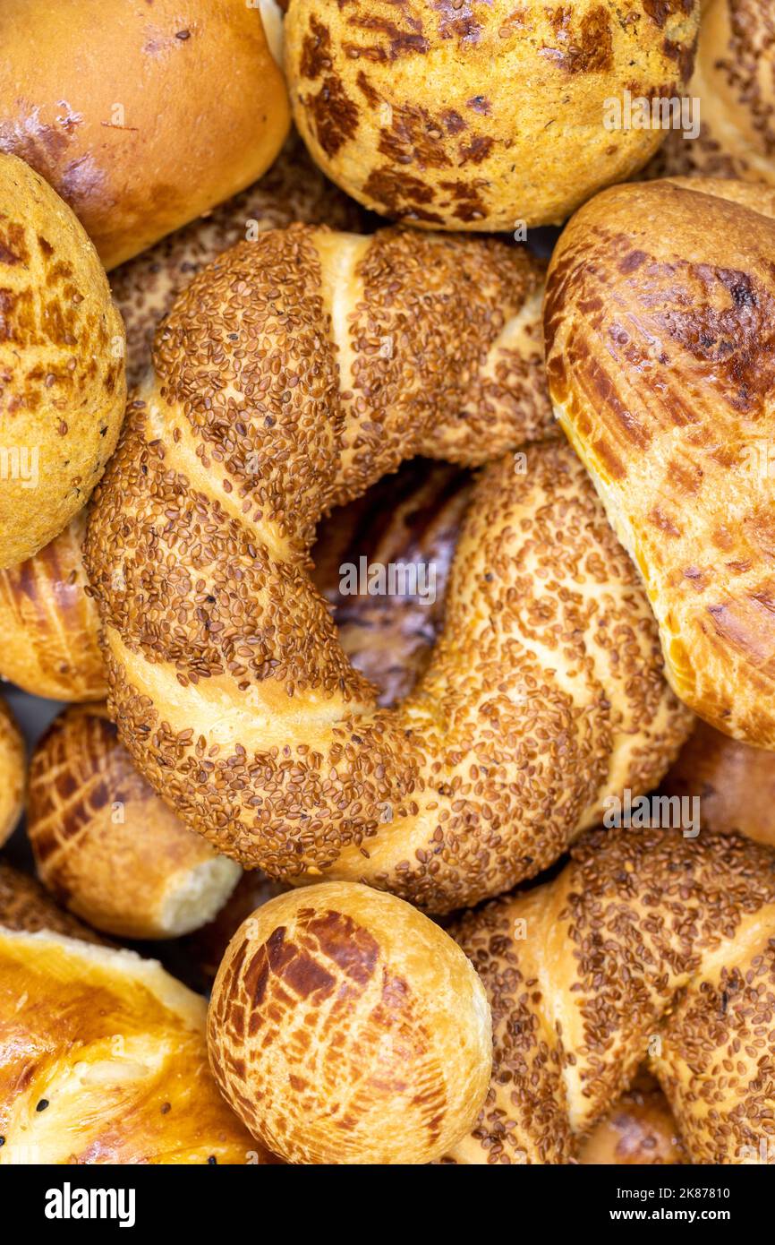 Prodotti di pasticceria Turchi. Dolci turchi; pogaca, borek, acma, ay coregi. Primo piano Foto Stock