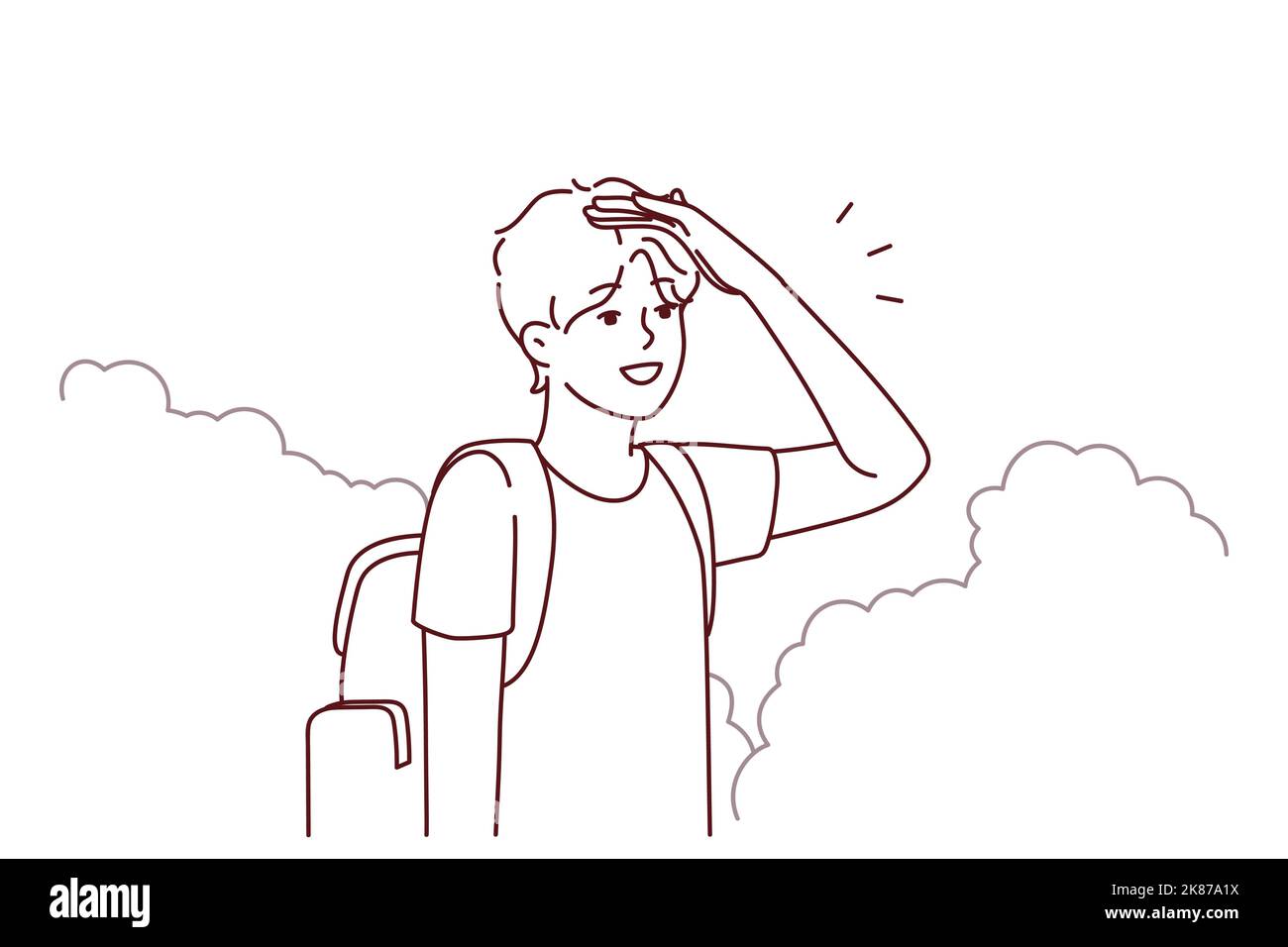 Giovane uomo con zaino in cespugli in cerca di strada. Il viaggiatore di tipo millenario si perde nel parco alla ricerca di una via d'uscita. Viaggi e navigazione. Illustrazione vettoriale. Illustrazione Vettoriale