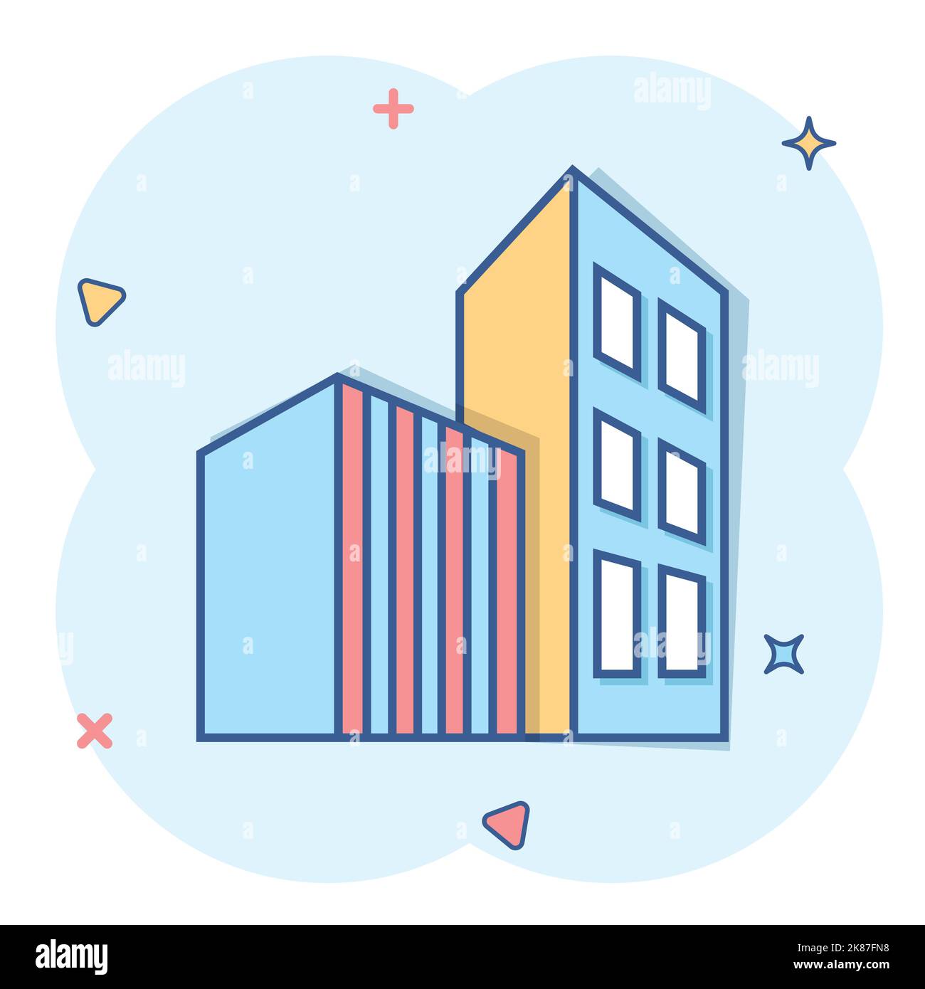 Costruzione di icone in stile comico. Illustrazione vettoriale dei grattacieli su sfondo isolato bianco. Architettura splash effect concetto aziendale. Illustrazione Vettoriale