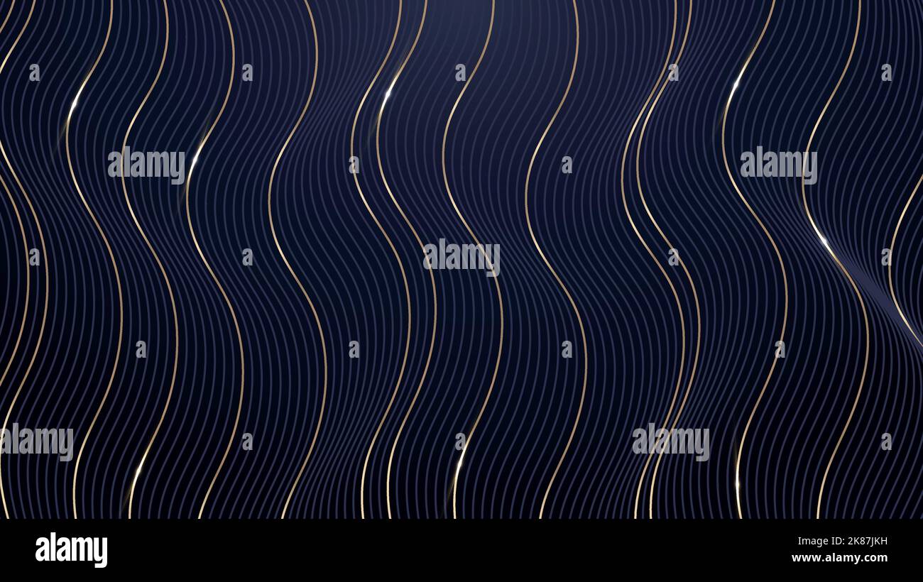 Astratto 3D linee dinamiche verticali blu ondulato e oro effetto motivo su sfondo blu scuro stile di lusso. Illustrazione vettoriale Illustrazione Vettoriale