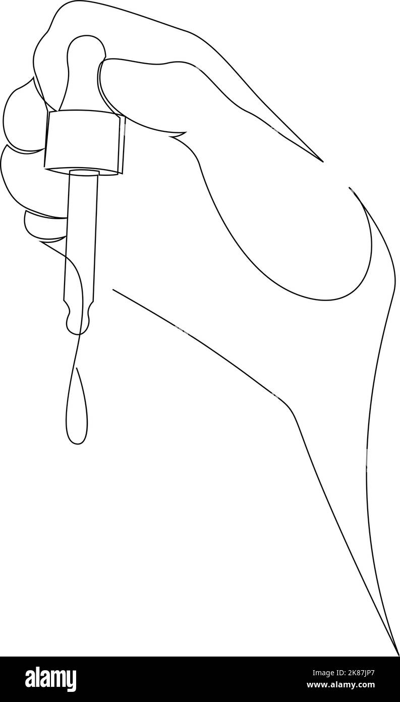 Disegno continuo di una linea della pipetta in vetro con supporto manuale. Oli essenziali design minimalismo. Illustrazione vettoriale Illustrazione Vettoriale