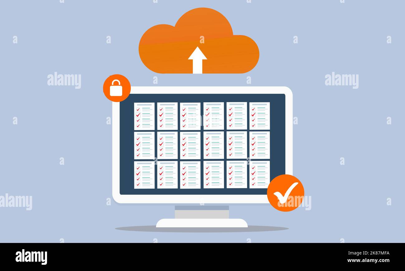 Caricamento di file sul cloud computing da Un notebook moderno. Servizio di trasferimento sicuro e sicuro nascosto. Caricamento di dati digitali e database Foto Stock