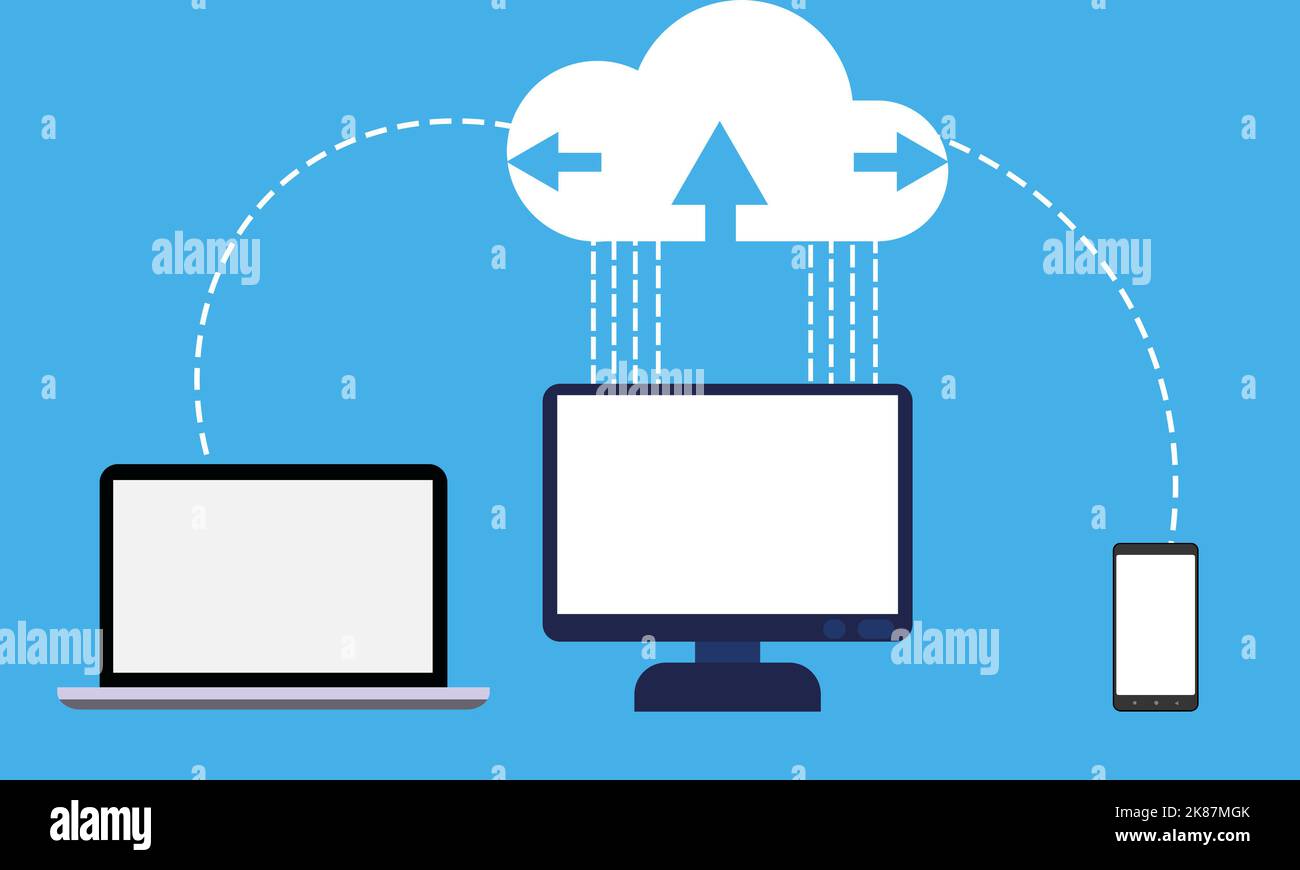 Concetto di cloud computing con dispositivi connessi al cloud di storage. Trasferimento di database e informazioni digitali tra computer, computer portatile e smartphone Foto Stock
