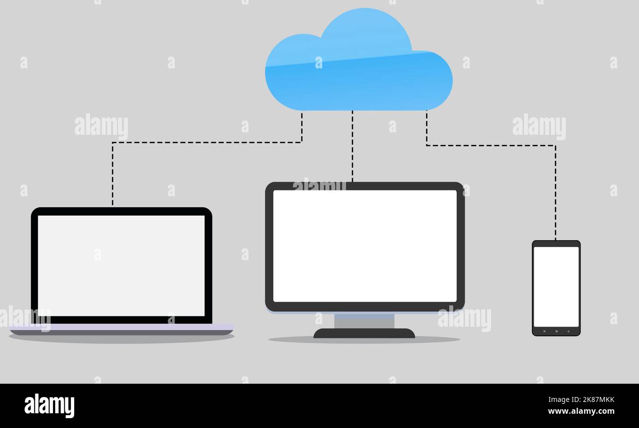 Concetto di cloud computing con dispositivi connessi al cloud di storage. Trasferimento di database e informazioni digitali tra computer, computer portatile e smartphone Foto Stock