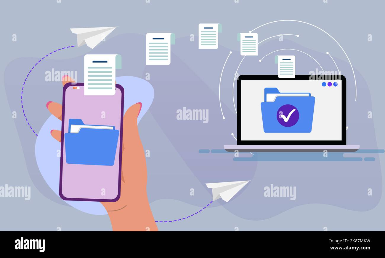 Invio di file dal telefono cellulare al moderno notebook Design Flat Illustrazione. Donna che tiene in mano lo smartphone e trasferisce i documenti digitali al co Foto Stock