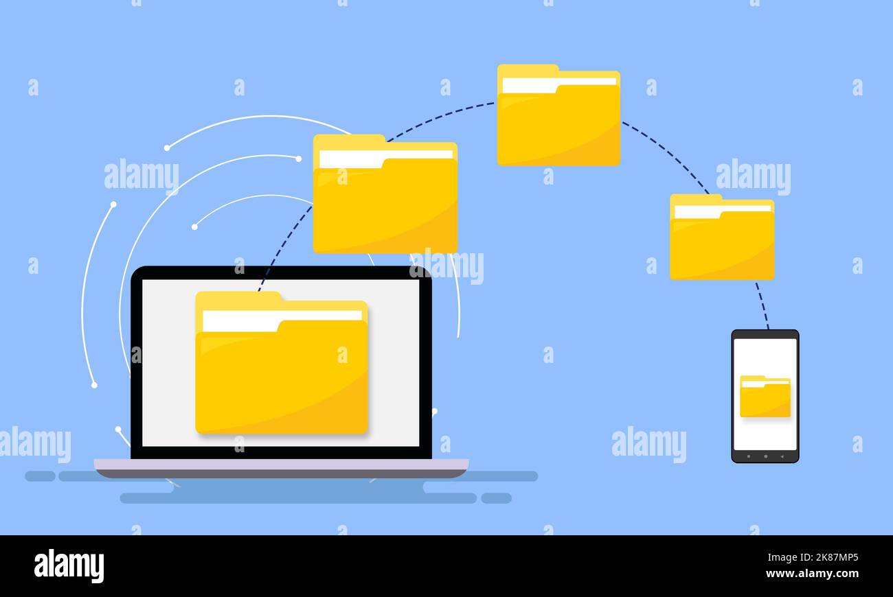Trasferire i file dal computer al telefono cellulare. Le cartelle digitali si trasferano dal notebook moderno allo smartphone. Illustrazione del progetto Foto Stock