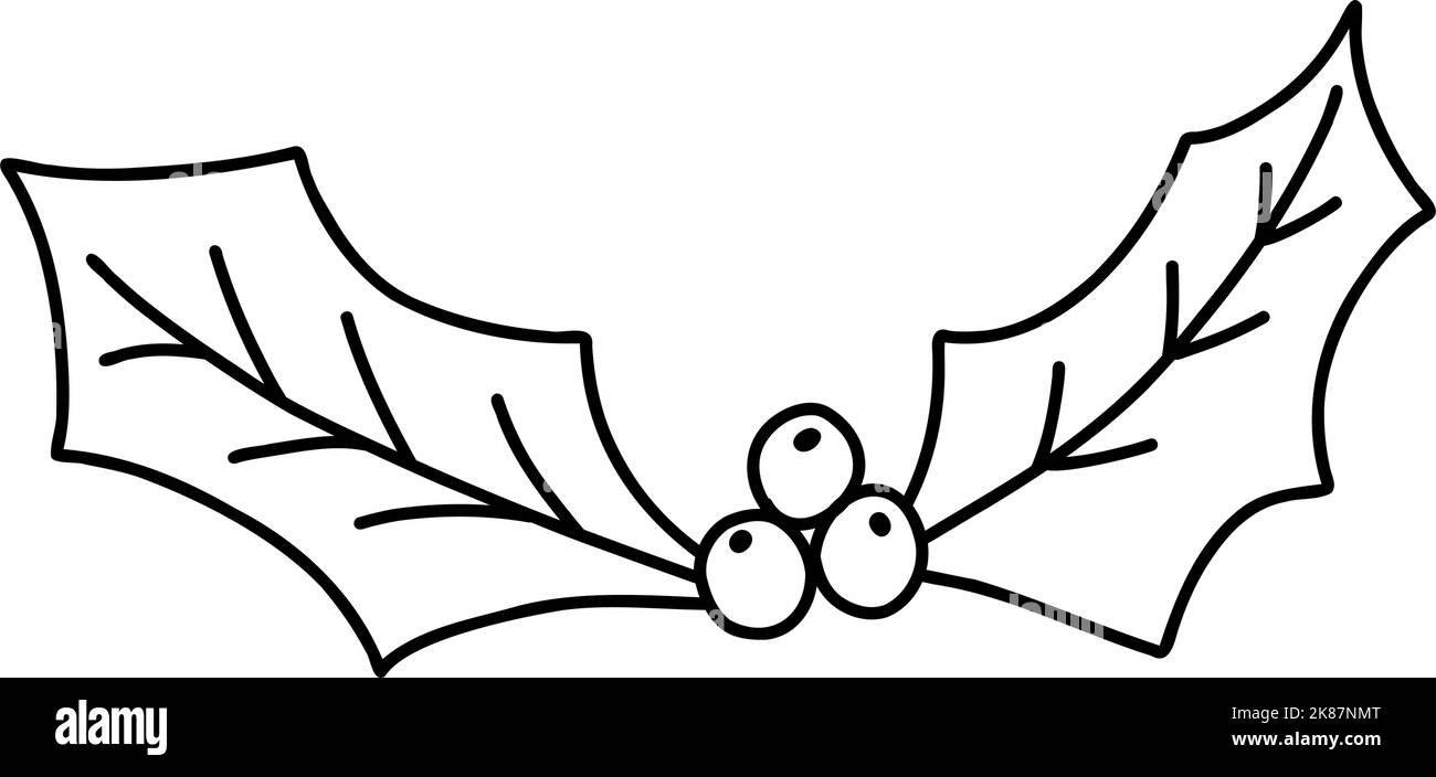 Doodle foglie di mistletoe. Elemento cartone animato, disegno vettoriale, disegno nero per web design, icona, stampa, colorazione pagina. Illustrazione Vettoriale