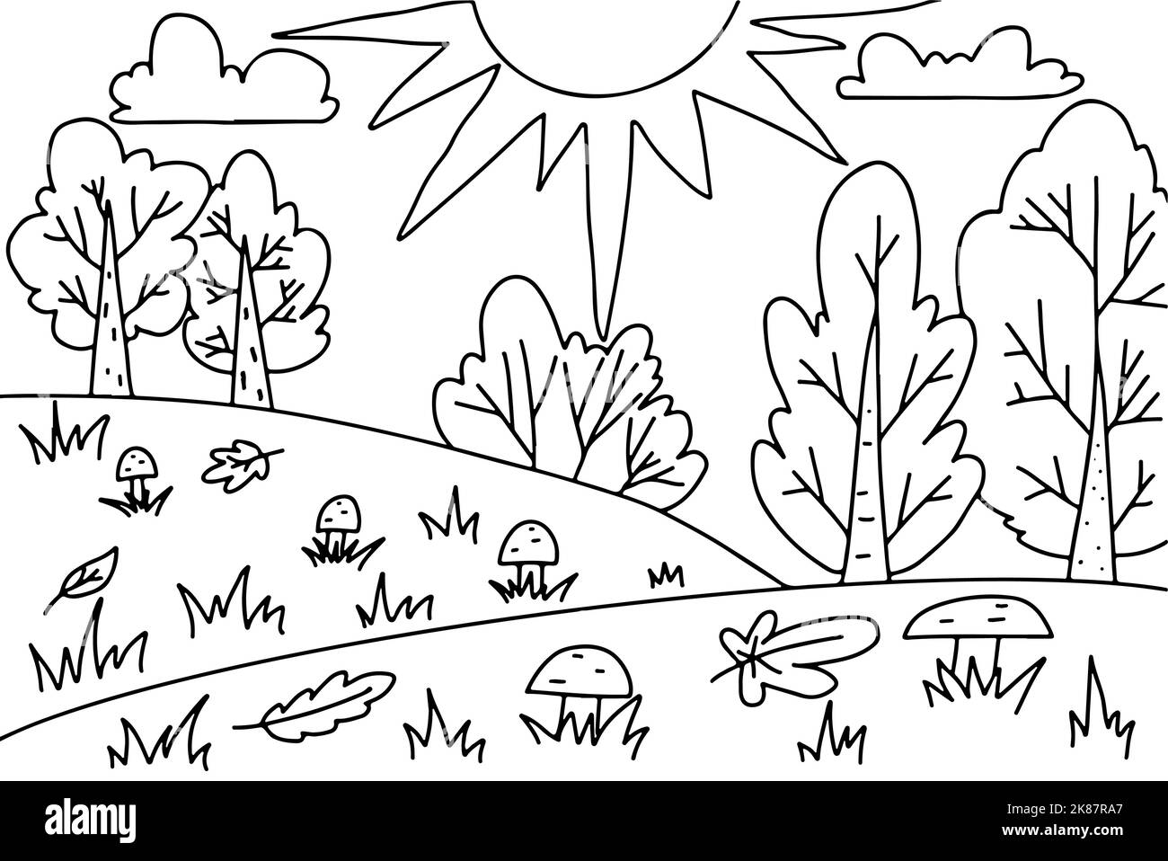 Pagina da colorare per bambini. Paesaggio con sole, alberi, cespugli, funghi. Illustrazione disegnata a mano in stile doodle. Foglio attività. Illustrazione Vettoriale