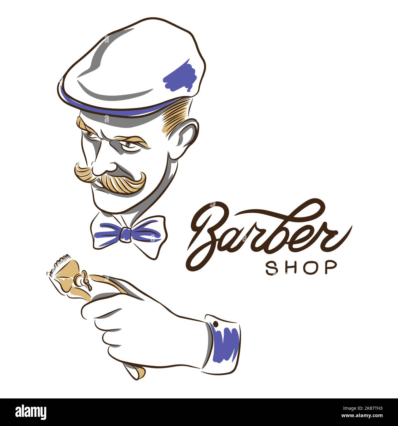 Barbiere, uomo con baffi, accessori taglio capelli salone di bellezza decorazione, doodle Illustrazione Vettoriale