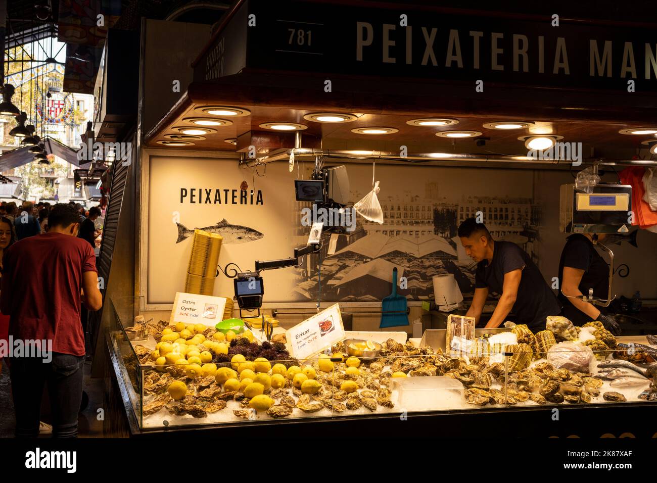 Il mercato della Boqueria a Barcellona, Spagna Foto Stock