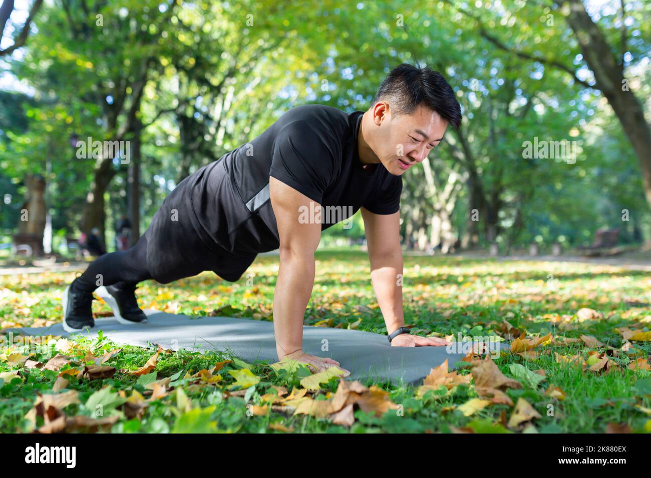 Atleta asiatico fare push-up nel parco e fare tavola sul mat sportivo, uomo felice con l'allenamento nella giornata di sole. Foto Stock