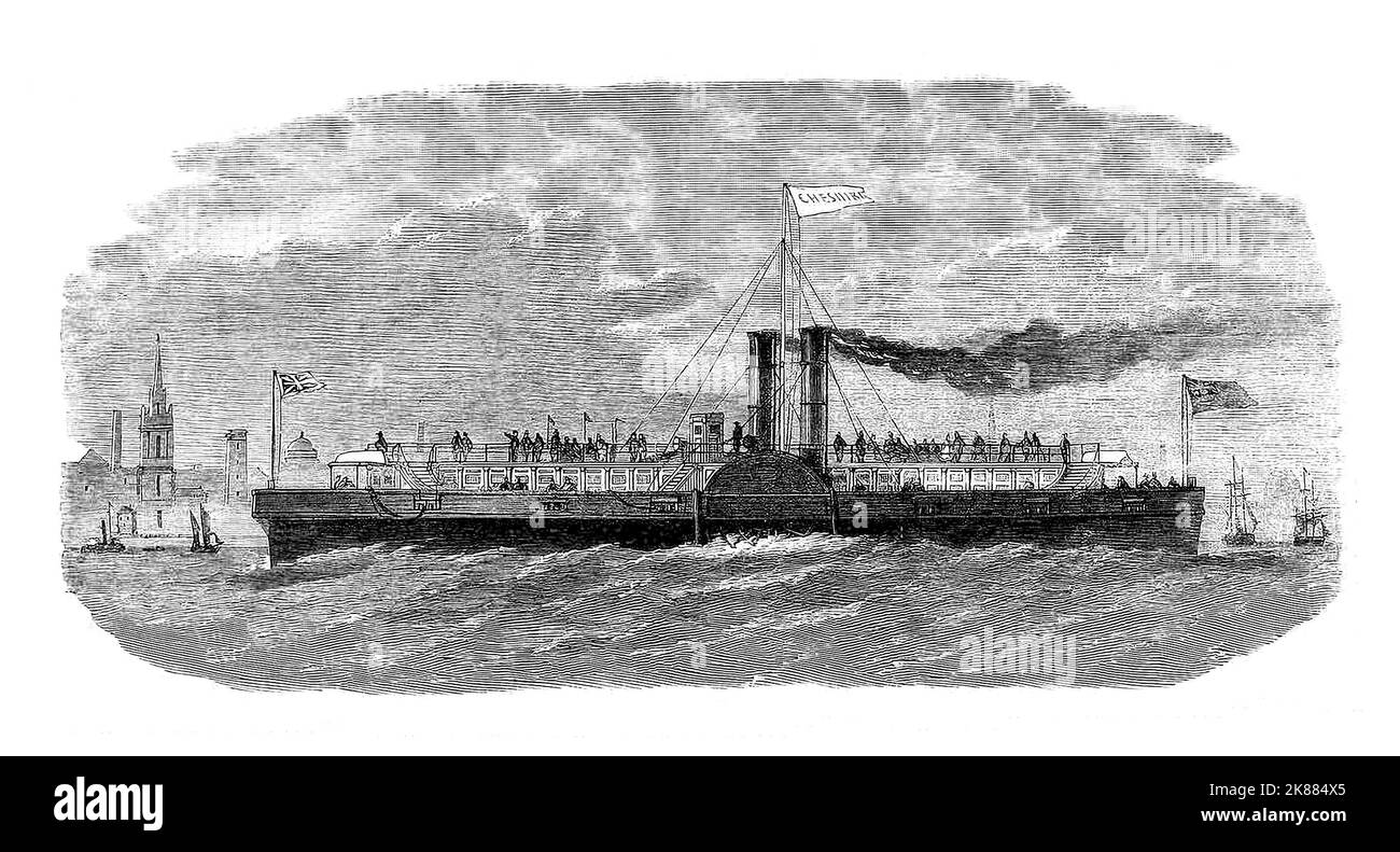 Il nuovo traghetto a vapore a pale naviga sul fiume Mersey tra Birkenhead e Liverpool, Merseyside, Inghilterra nel 1863. Foto Stock