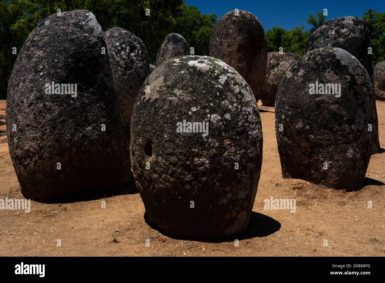 Chiazze di licheni colorati e alcuni antichi simboli scolpiti decorano le superfici arrotondate dei massi di granito che formano uno dei più antichi e grandi complessi megalitici d'Europa, l'Almendres Cromlech, antico neolitico di 7.000 anni, vicino a Évora, ad Alentejo, nel sud del Portogallo. Le pietre in piedi o Menhir sono stati disposti in cerchi concentrici per allinearsi con il sole, la luna e le stelle. Foto Stock