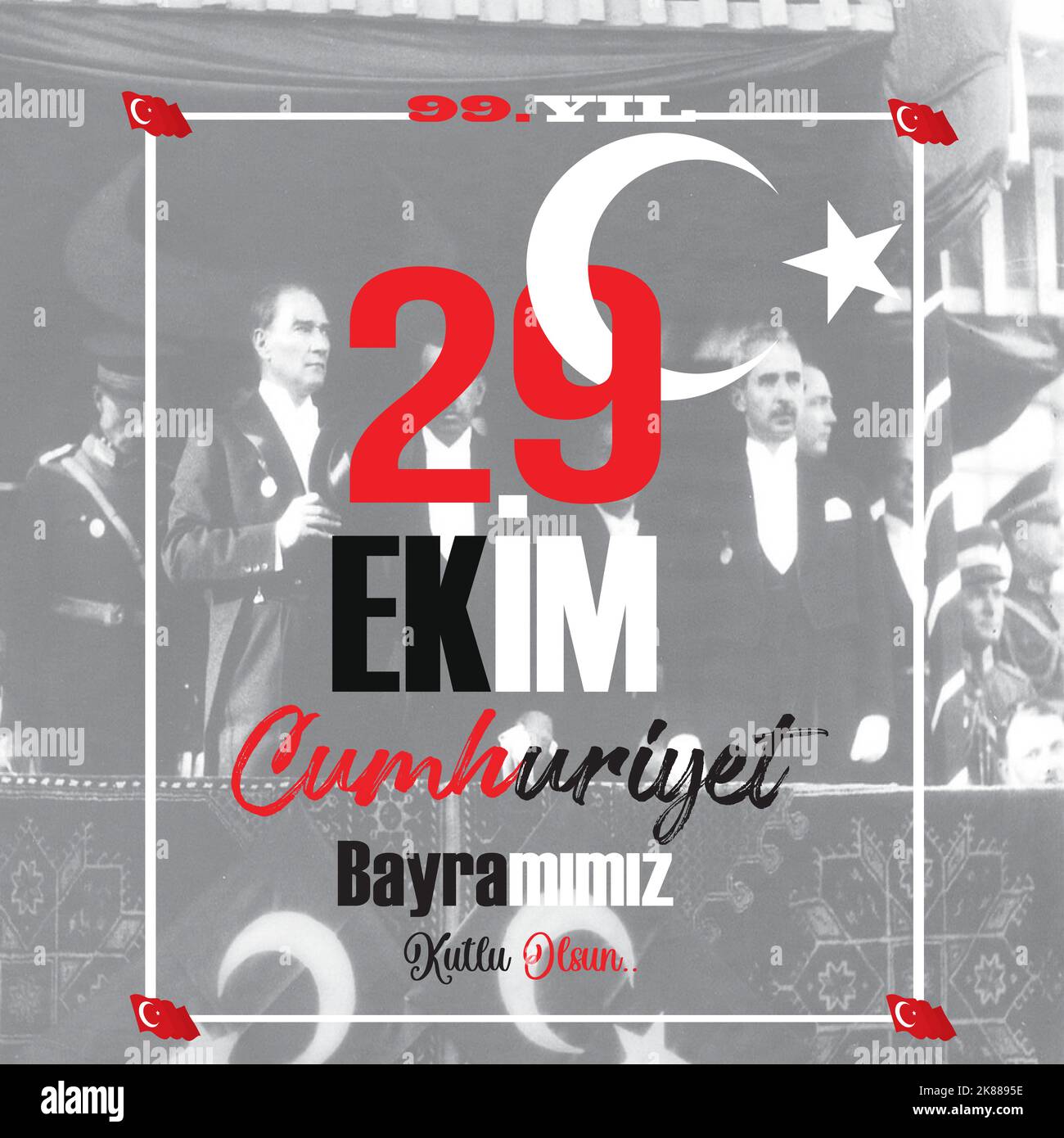 Festival Nazionale Turco. 29 Ekim Cumhuriyet Bayrami. Traduzione: Buon 29th ottobre Giornata della Repubblica. Giornata Nazionale in Turchia. Illustrazione Vettoriale