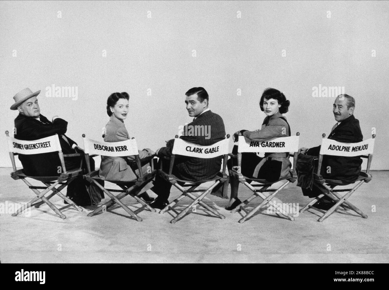 Sidney Greenstreet, Deborah Kerr, Clark Gable, AVA Gardner & Adolphe Menjou attore & Attrici 01 maggio 1942 **AVVERTENZA** questa fotografia è solo per uso editoriale ed è copyright della Film Company e/o del fotografo assegnato dalla Film o dalla Production Company e può essere riprodotta solo da pubblicazioni in concomitanza con la promozione di Il film di cui sopra. È richiesto un credito obbligatorio alla società cinematografica. Il fotografo deve essere accreditato anche quando è noto. Nessun uso commerciale può essere concesso senza autorizzazione scritta da parte della Film Company. Foto Stock